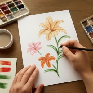 Japanese flowers drawing and snake watercolor techniques