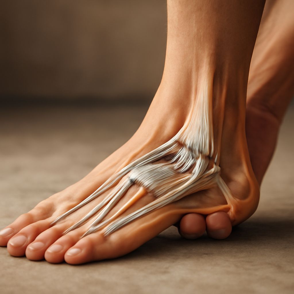 An illustration showing ankle tendon anatomy and its relation to truck and grass anatomy