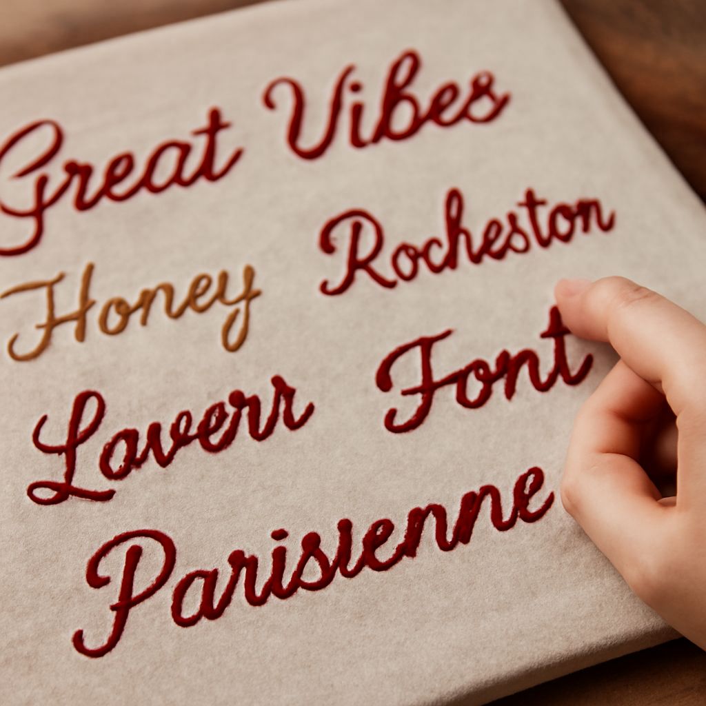 cursive embroidery font and grunge script font examples