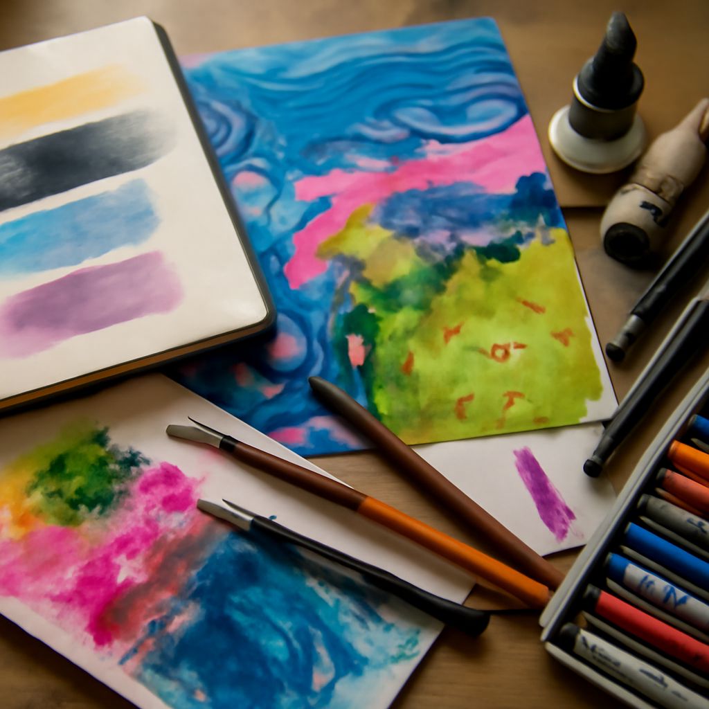 Watercolor and ink art demonstrating pen and watercolor techniques