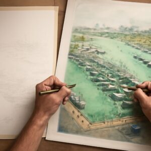 Watercolor drawing on a watercolor board with a watercolor sketch