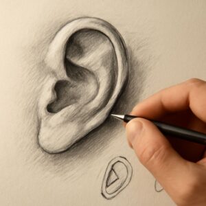 A detailed garden sketch featuring ear sketch techniques and a garden gnome drawing.