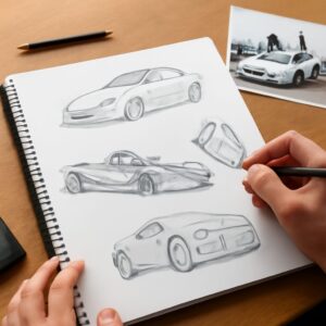 Drawing of cars and cartoon race cars with wind drawings