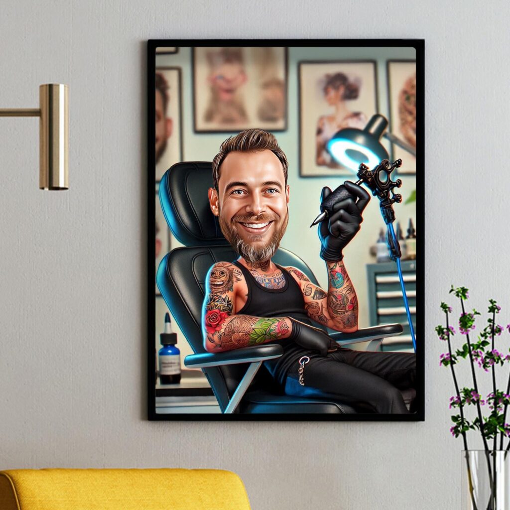 Cartoon tattoo artist and courtroom sketches