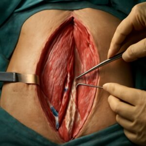 Illustration of female abdominal anatomy highlighting the anterior abdominal wall anatomy and differences in male vs female anatomy