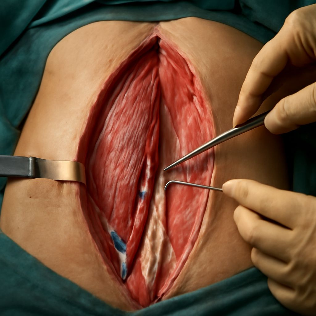 Illustration of female abdominal anatomy highlighting the anterior abdominal wall anatomy and differences in male vs female anatomy