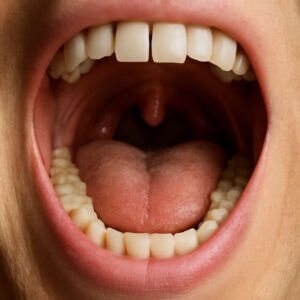 Illustration of the anatomy of the mouth and throat with detailed oral anatomy