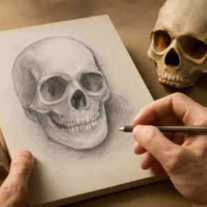 Illustration of human skull sketch and owl skull drawing