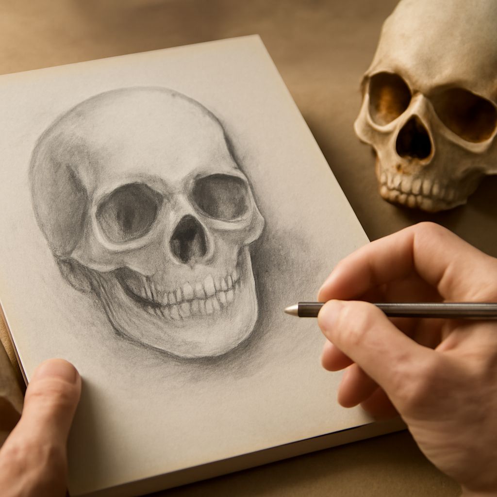 Illustration of human skull sketch and owl skull drawing