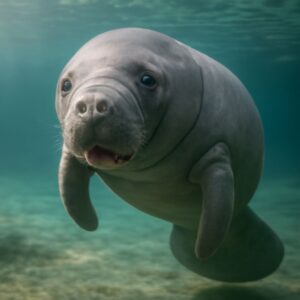 An illustration of a cartoon manatee exploring a cartoon magazine with architecture cartoons and playful cartoon puns.