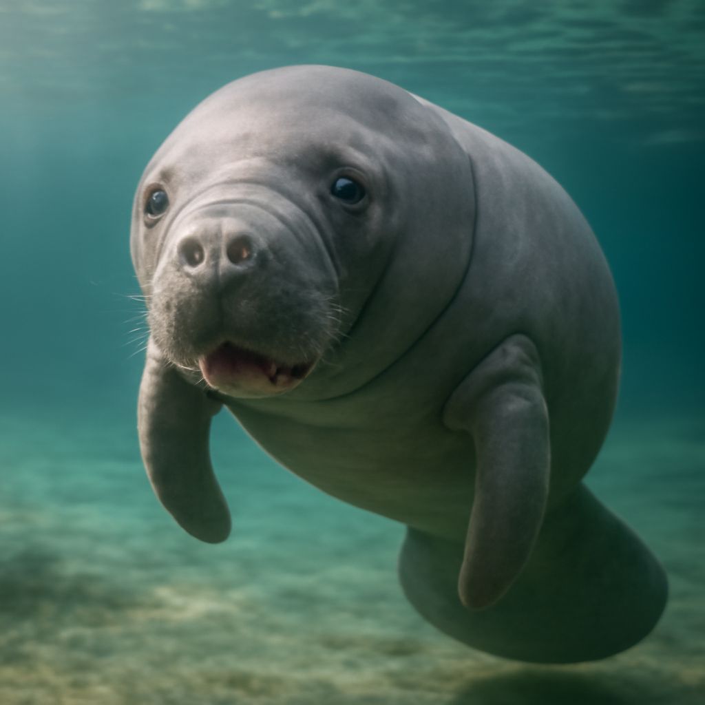 An illustration of a cartoon manatee exploring a cartoon magazine with architecture cartoons and playful cartoon puns.