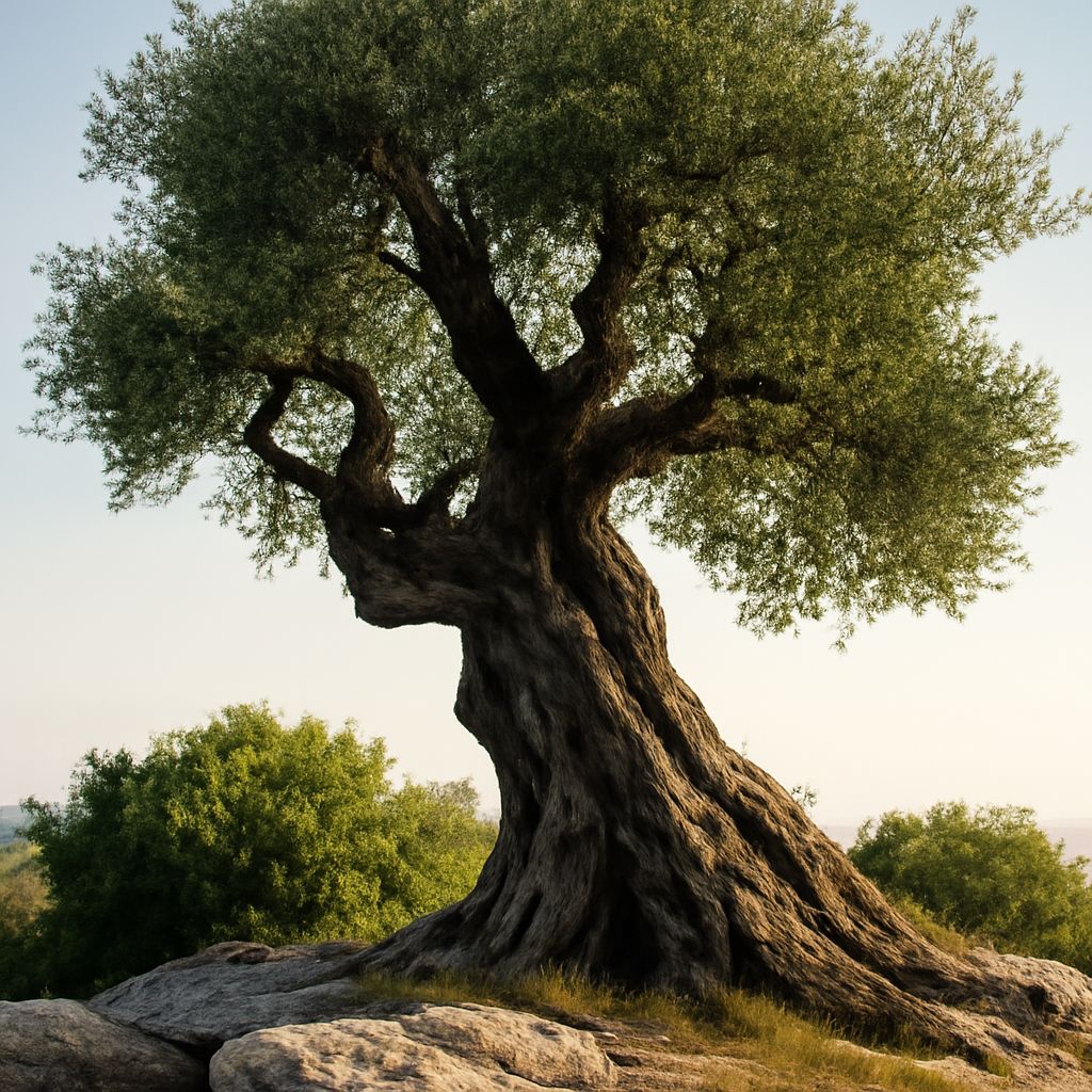 A blend of olive tree drawing and palm tree watercolor art