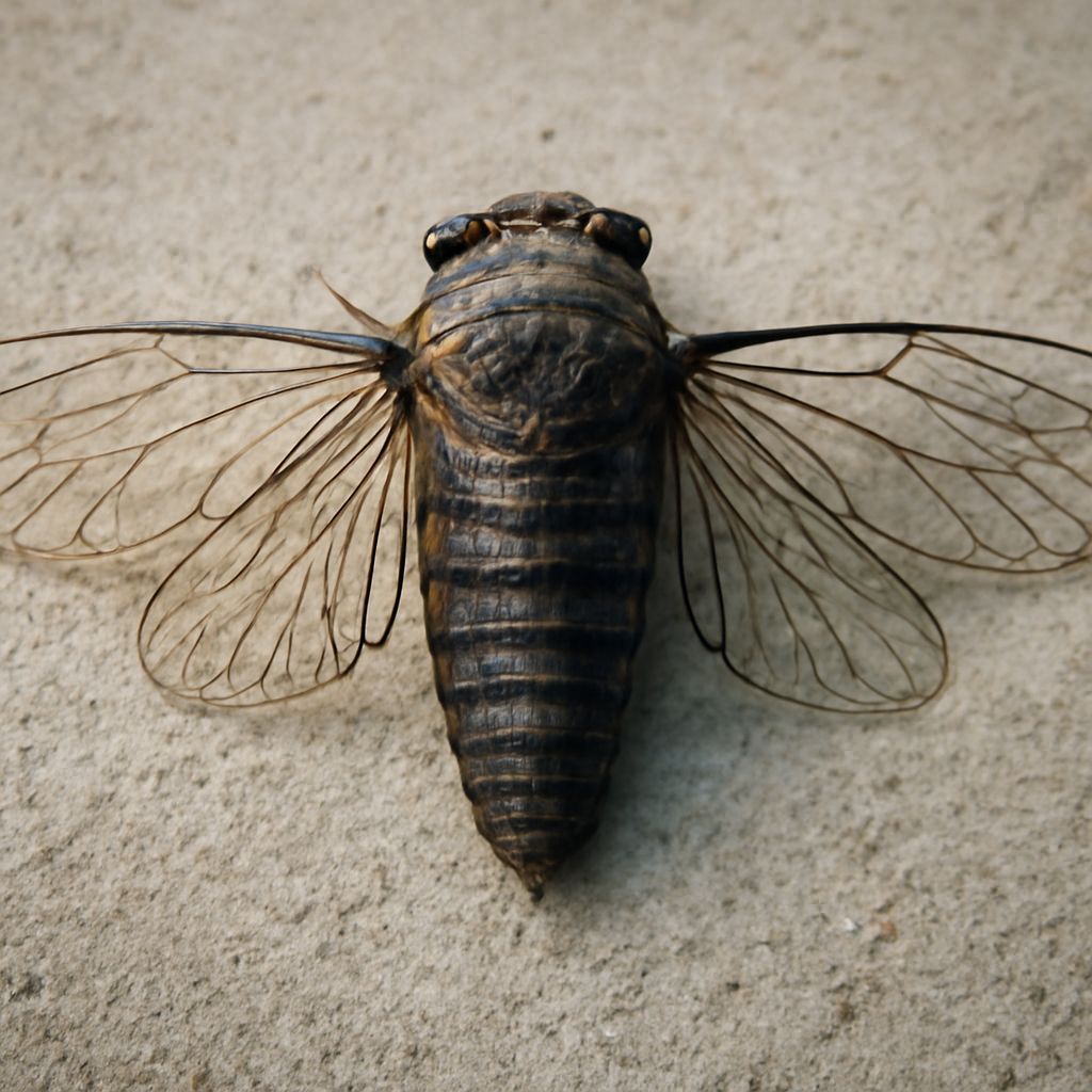 A detailed cicada drawing alongside loon and jazz drawing elements.