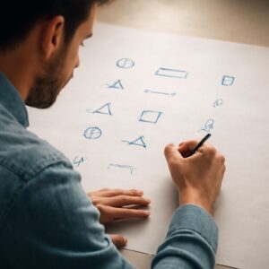 Metamorphosis drawing with engineering and technical symbols
