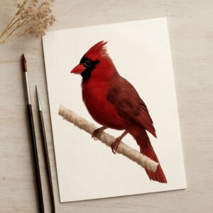 Watercolor cardinal with lighthouse and wildflower watercolor