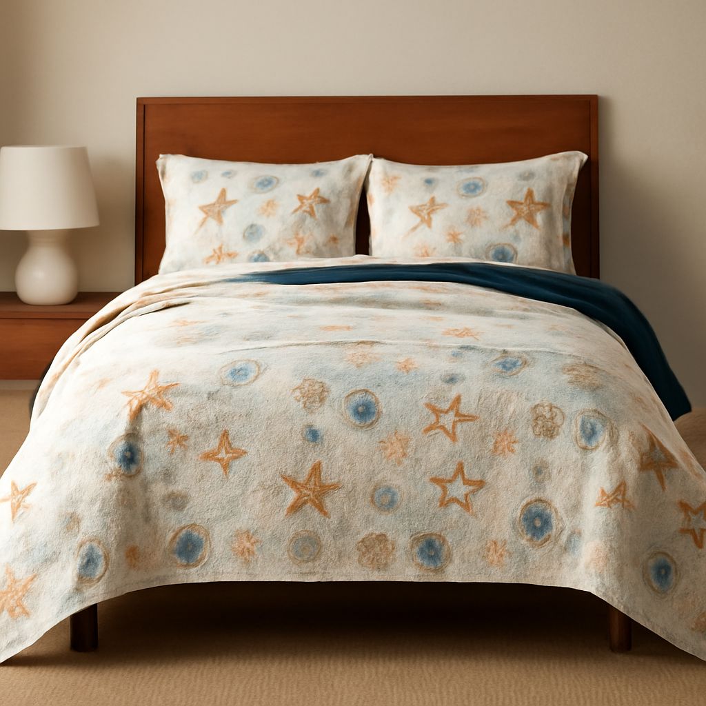 A beautiful watercolor quilt incorporating watercolor seashell and moose watercolor designs