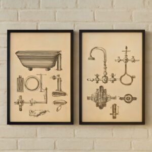Bathroom plumbing layout drawing and vintage patent drawings