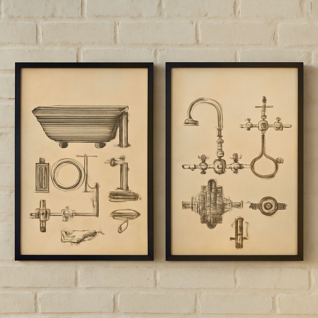 Bathroom plumbing layout drawing and vintage patent drawings